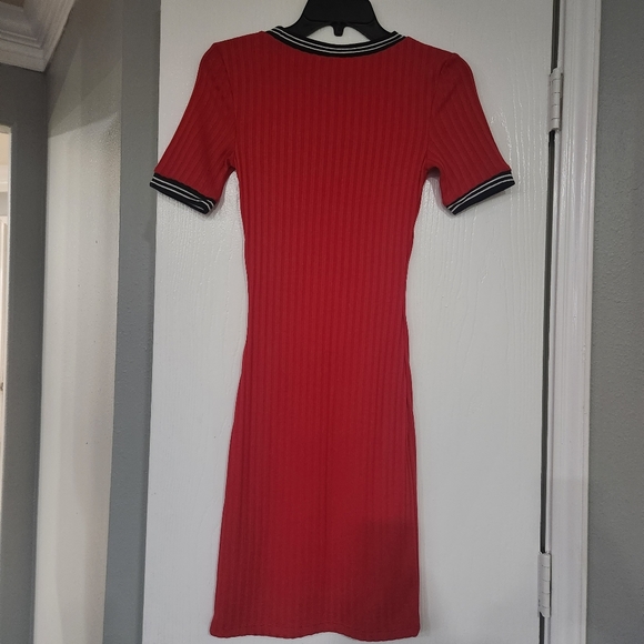 Divided Red Ribbed Mini Dress - Picture 2 of 3